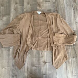 Katherine Barclay‎ Faux Suede Cardigan Women XL Tan Cropped Open Waterfall